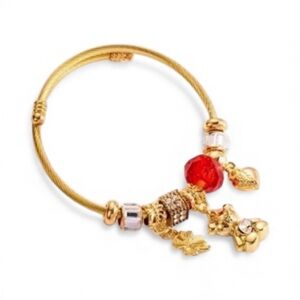 Gold Plated Bear Charm Bangle | Titanium Steel | Rhinestones | Adjustable